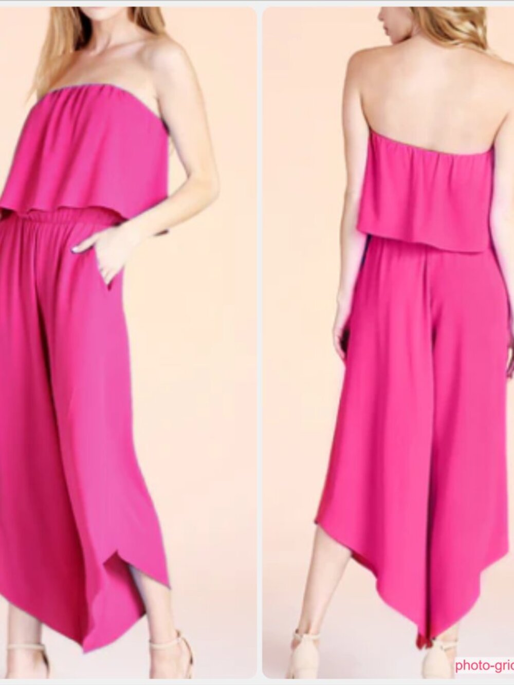 Tyche Strapless Jumpsuit Large Fuchsia Ruffle Top Asymmetric Wide Legs Pockets